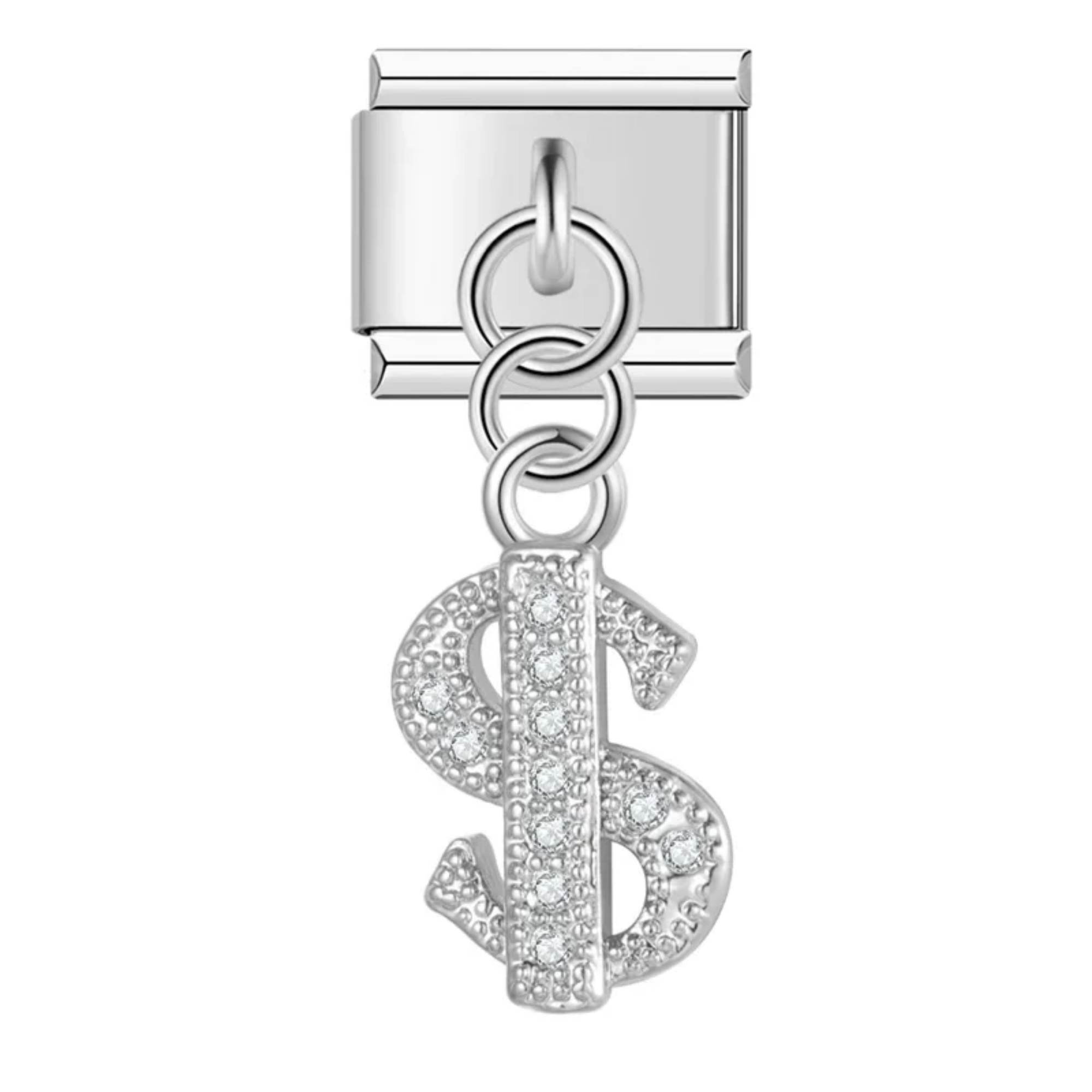 Charm colgante signo de dinero brillante plateado